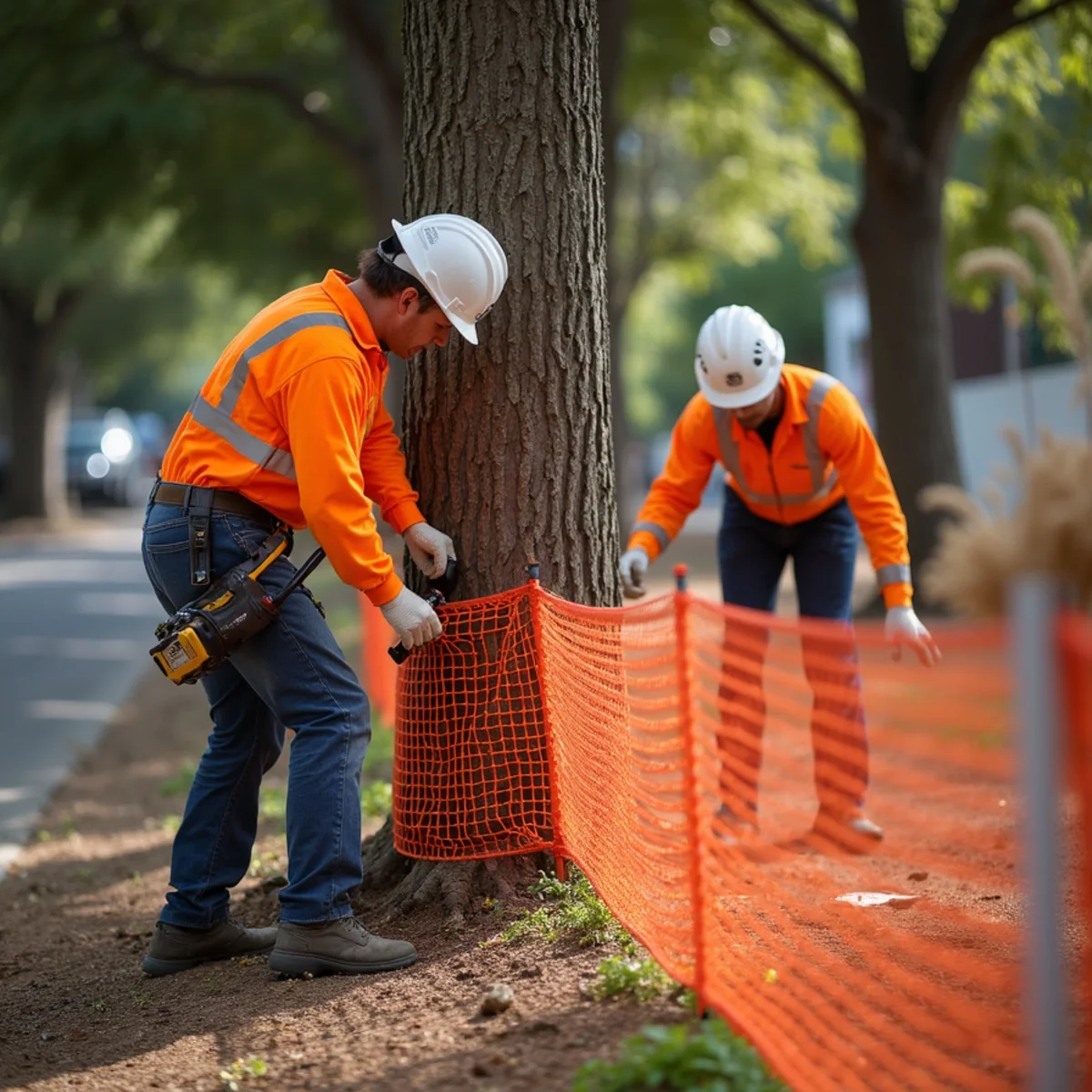 Tree protection zone fencing safeguarding root plate during construction