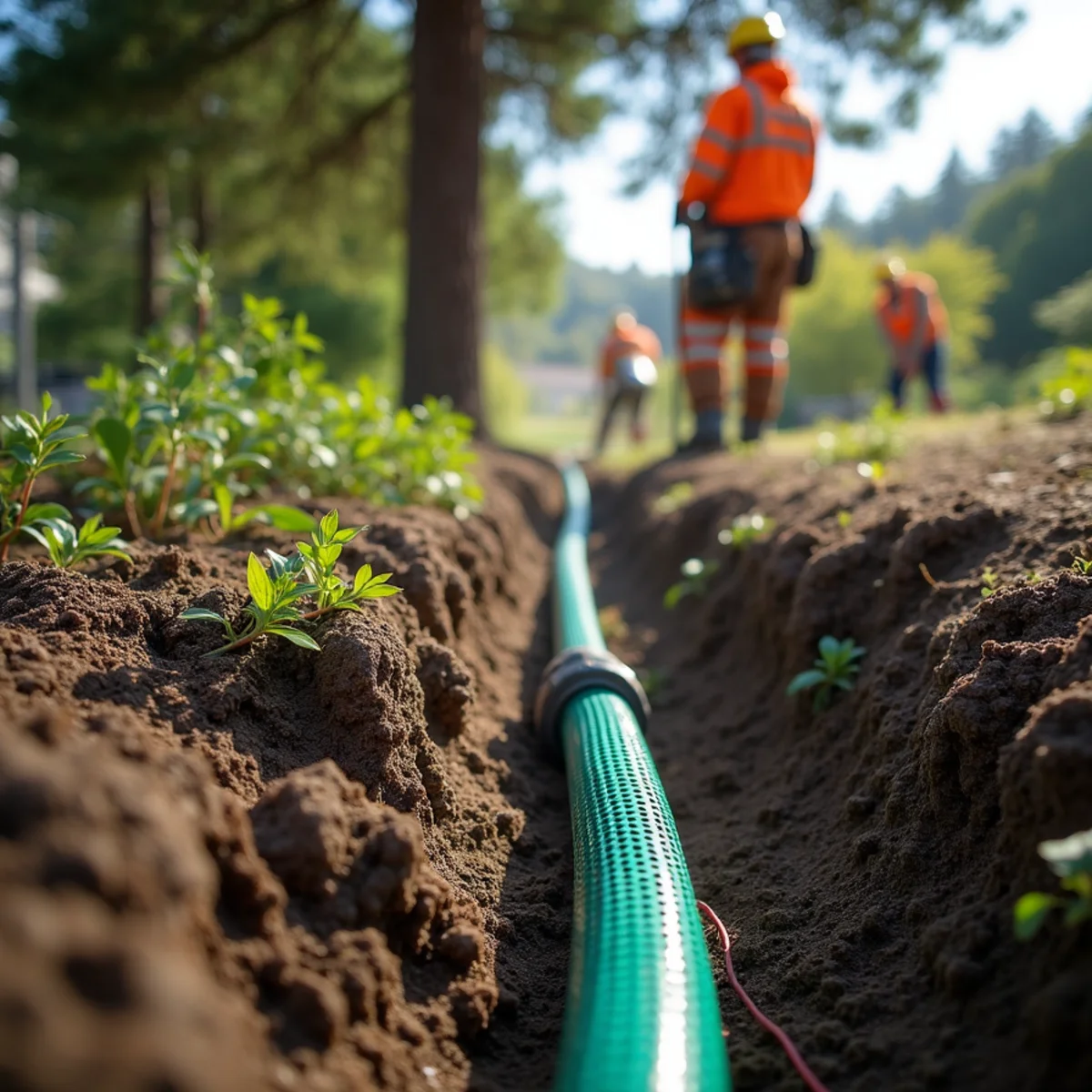 Deep root drip irrigation system restoring soil moisture to redwood roots