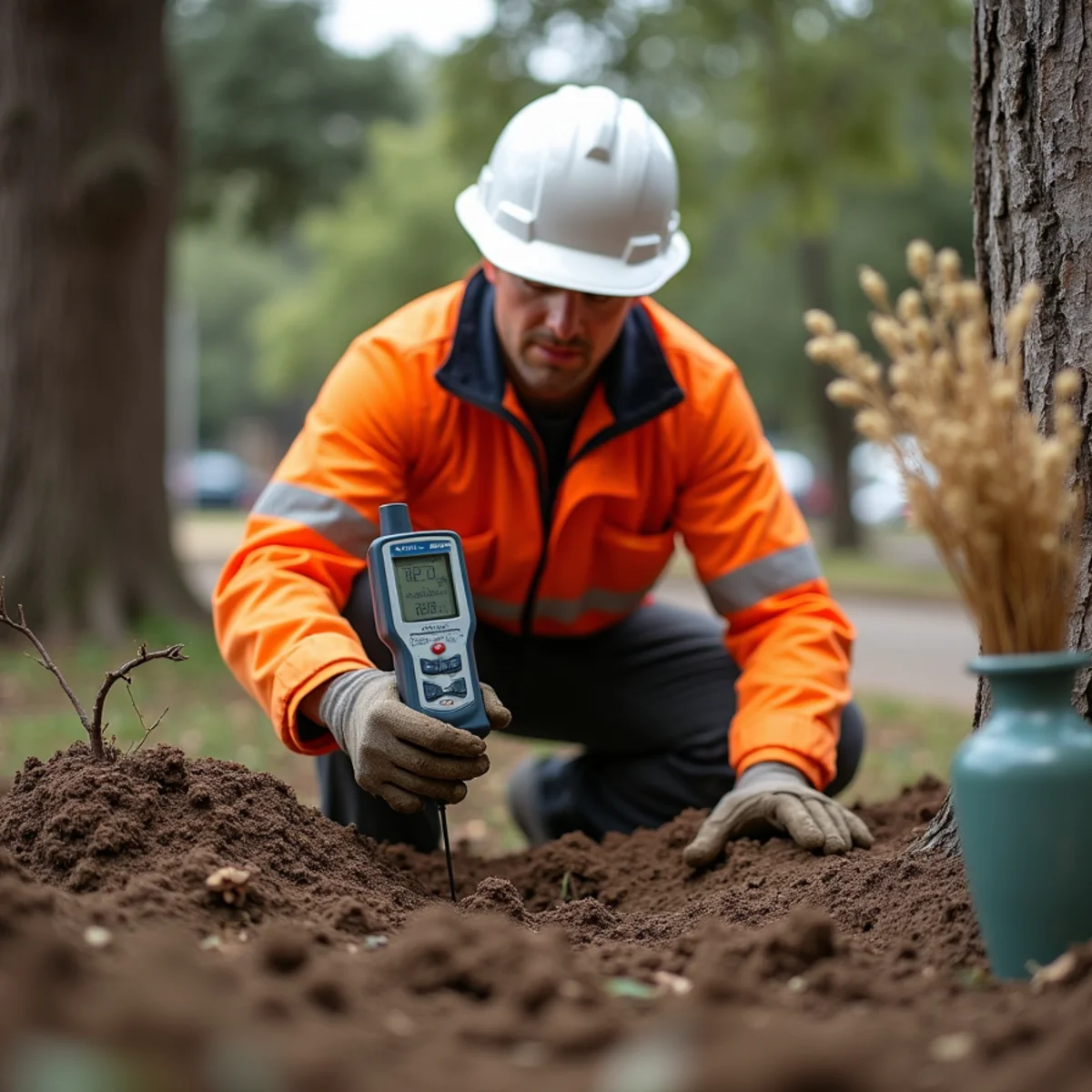 Soil moisture probe testing root hydration level on residential redwood