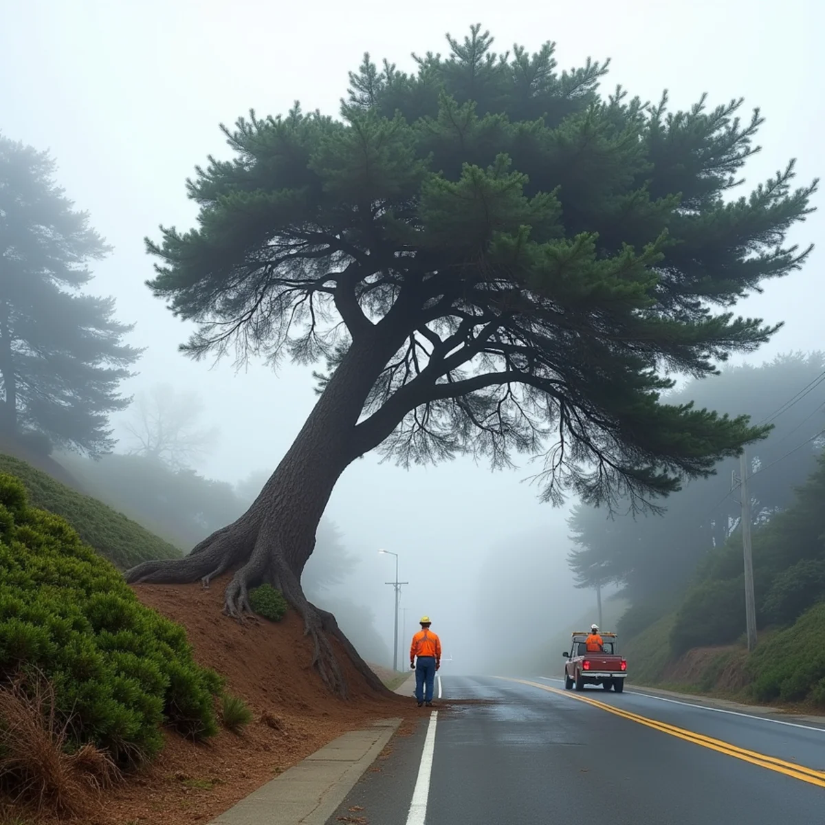 Coastal fog and windthrow forces loosening shallow maritime root systems