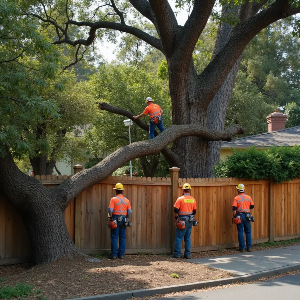 Fallen neighbor tree branch crossing boundary fence line in California
