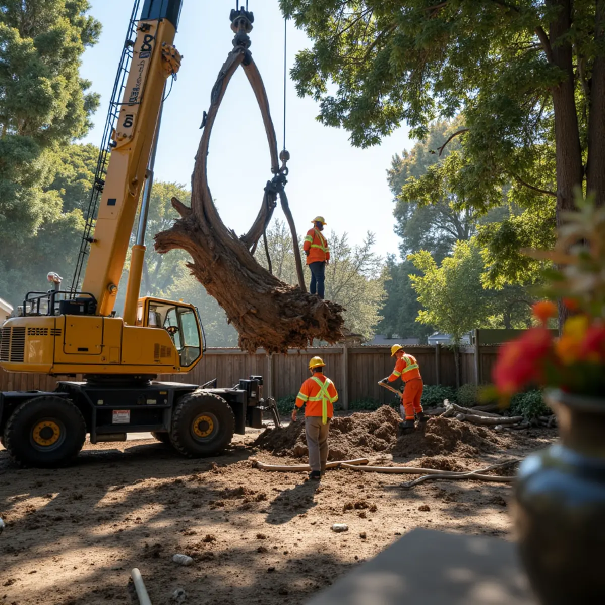 Crane-assisted removal of hazardous multi-ton blue gum eucalyptus