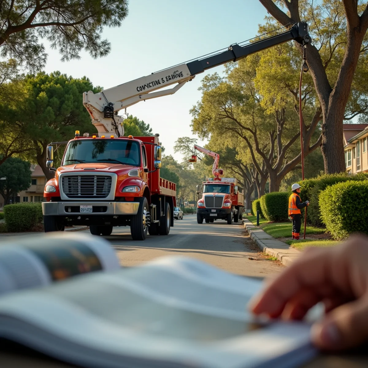 Commercial tree service operation with safety cones and pedestrian barricades