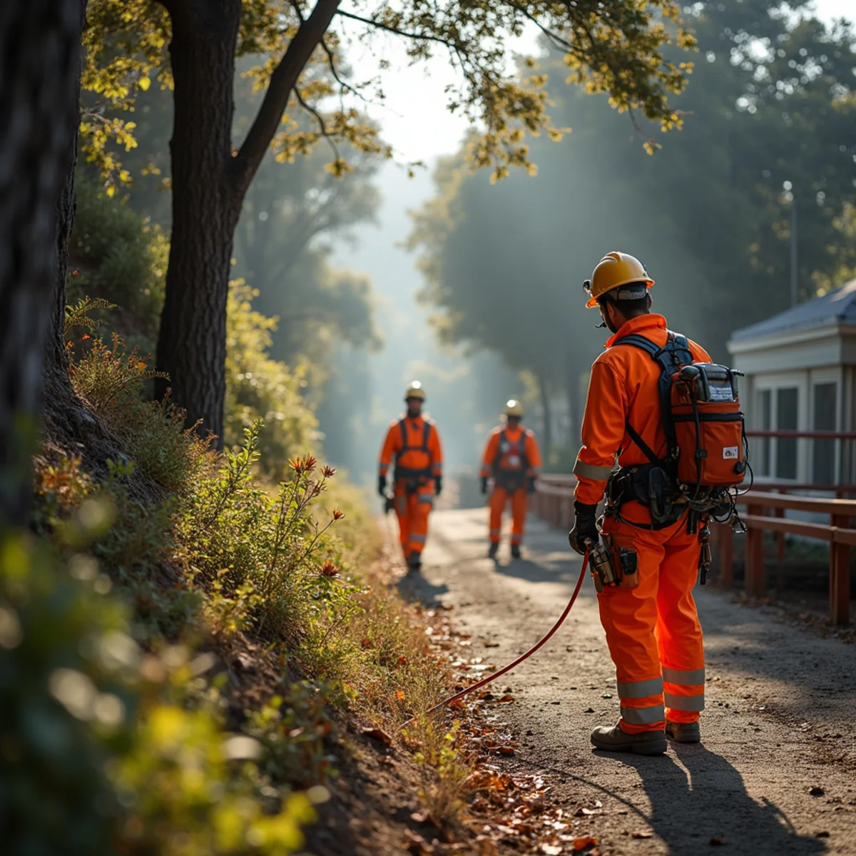 Cal Fire compliant defensible space boundary protecting hillside home