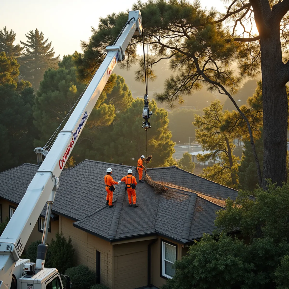 Crane hoisting heavy storm-damaged timber off residential roof