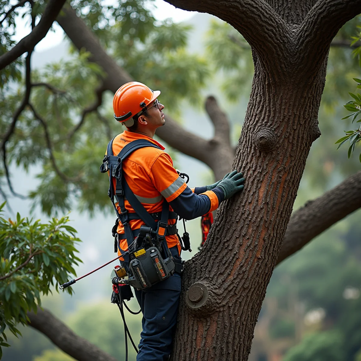Sectional dismantling of heavy blue gum eucalyptus branch