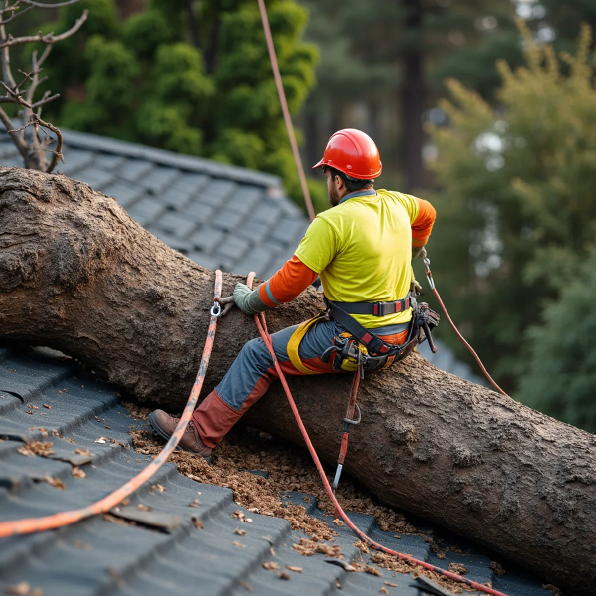 Synthetic sling rigging securing fallen timber on damaged roof
