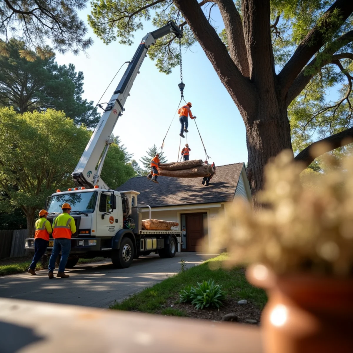Crane-assisted precision tree removal protecting residential roof framing