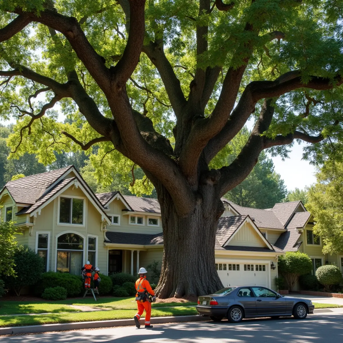 Preserved heritage coast live oak thriving in residential landscape
