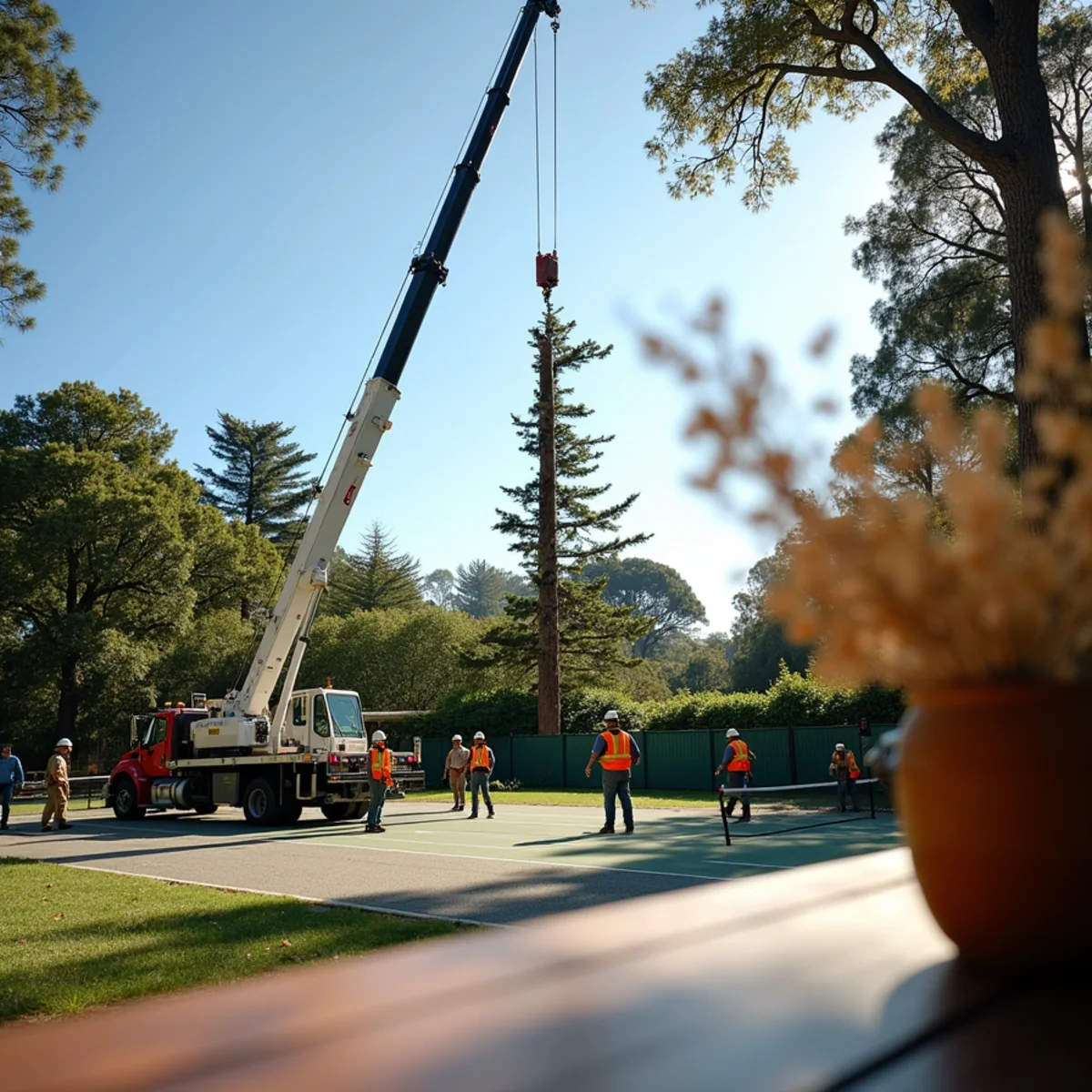 Crane-assisted precision tree removal on luxury estate in Atherton