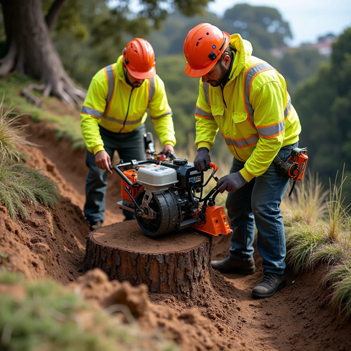 Steep-slope stump grinding on terraced Emerald Lake Hills lot