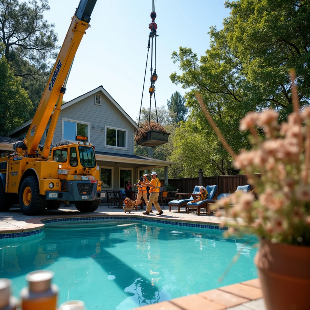 Crane-assisted tree removal protecting luxury estate pool in Los Altos Hills