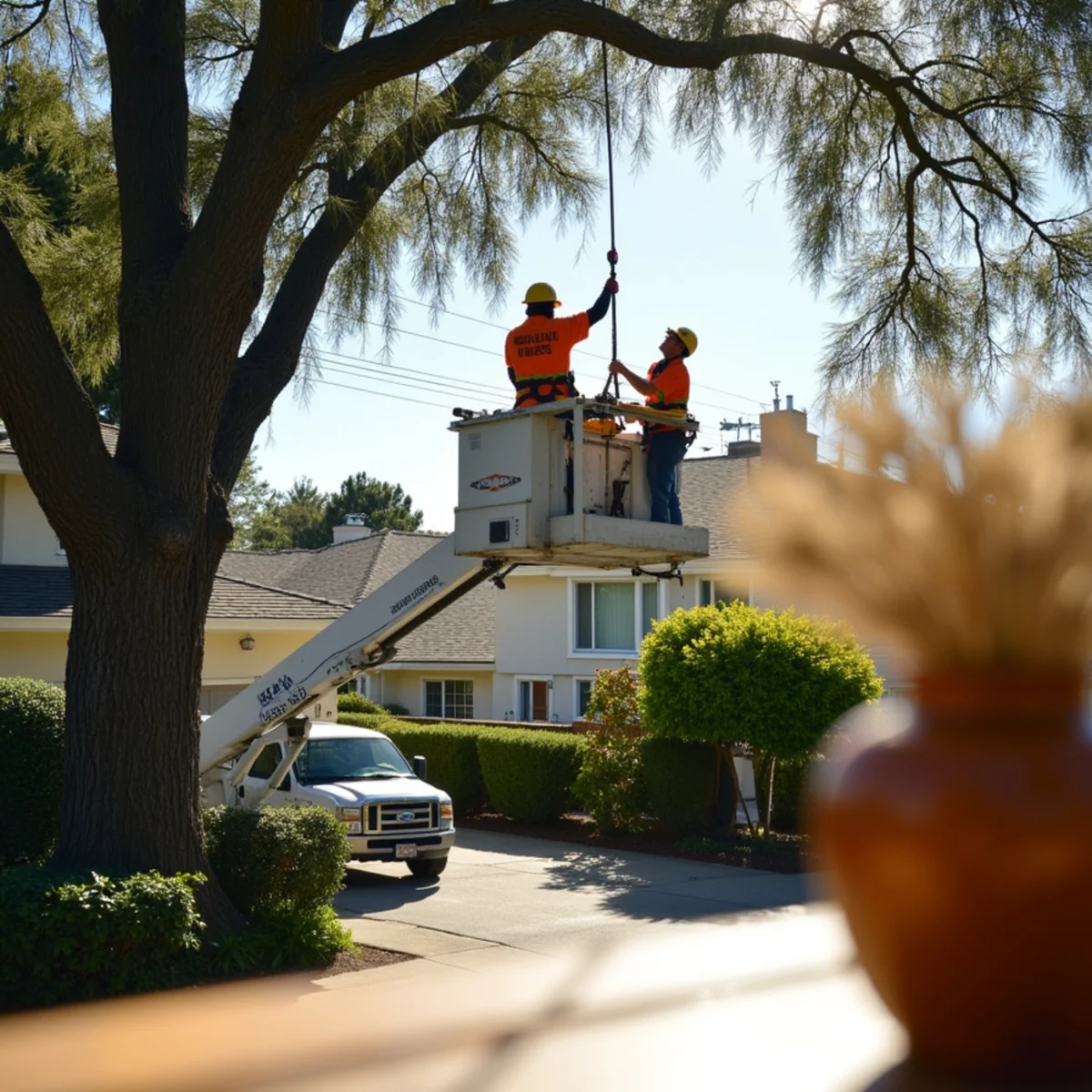 Aerial bucket pruning maintaining driveway clearance in Mountain View