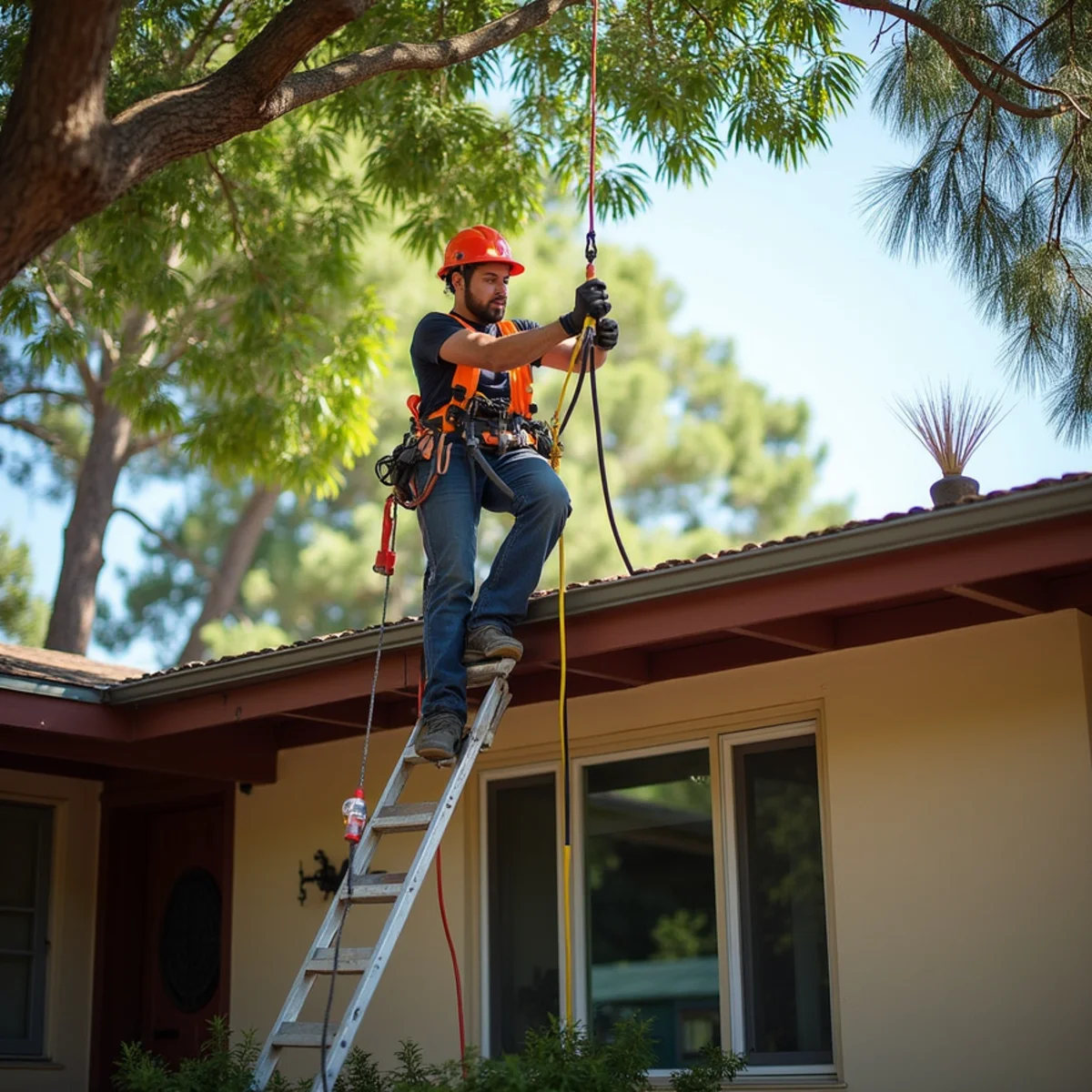 Low-pitch roof clearance pruning protecting Palo Alto Eichler home