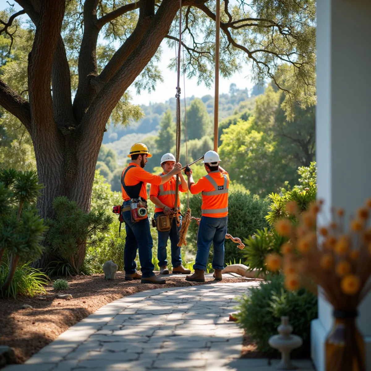 Low-impact rigging protecting patio hardscape in San Carlos