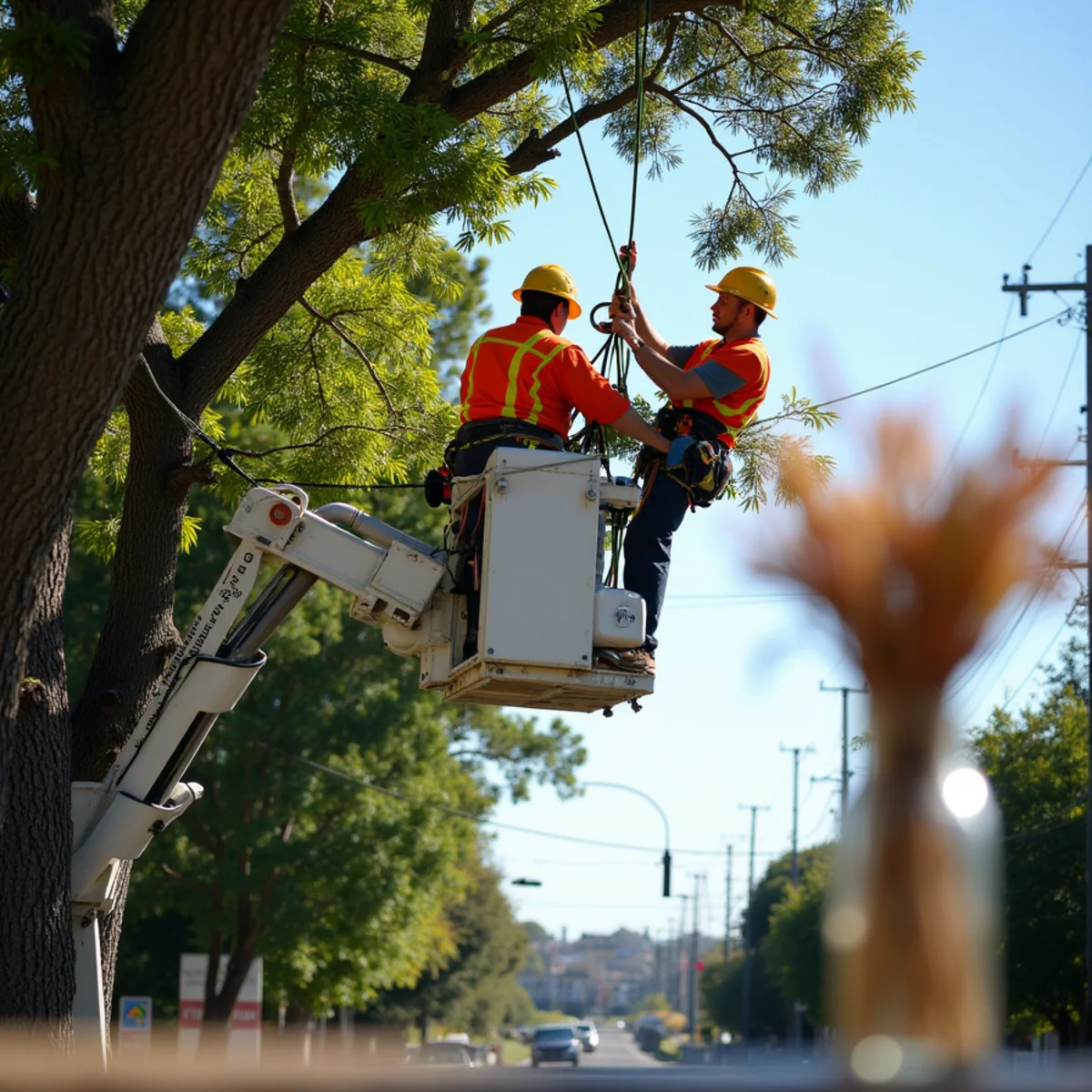 Bucket truck pruning providing clearance over San Mateo street