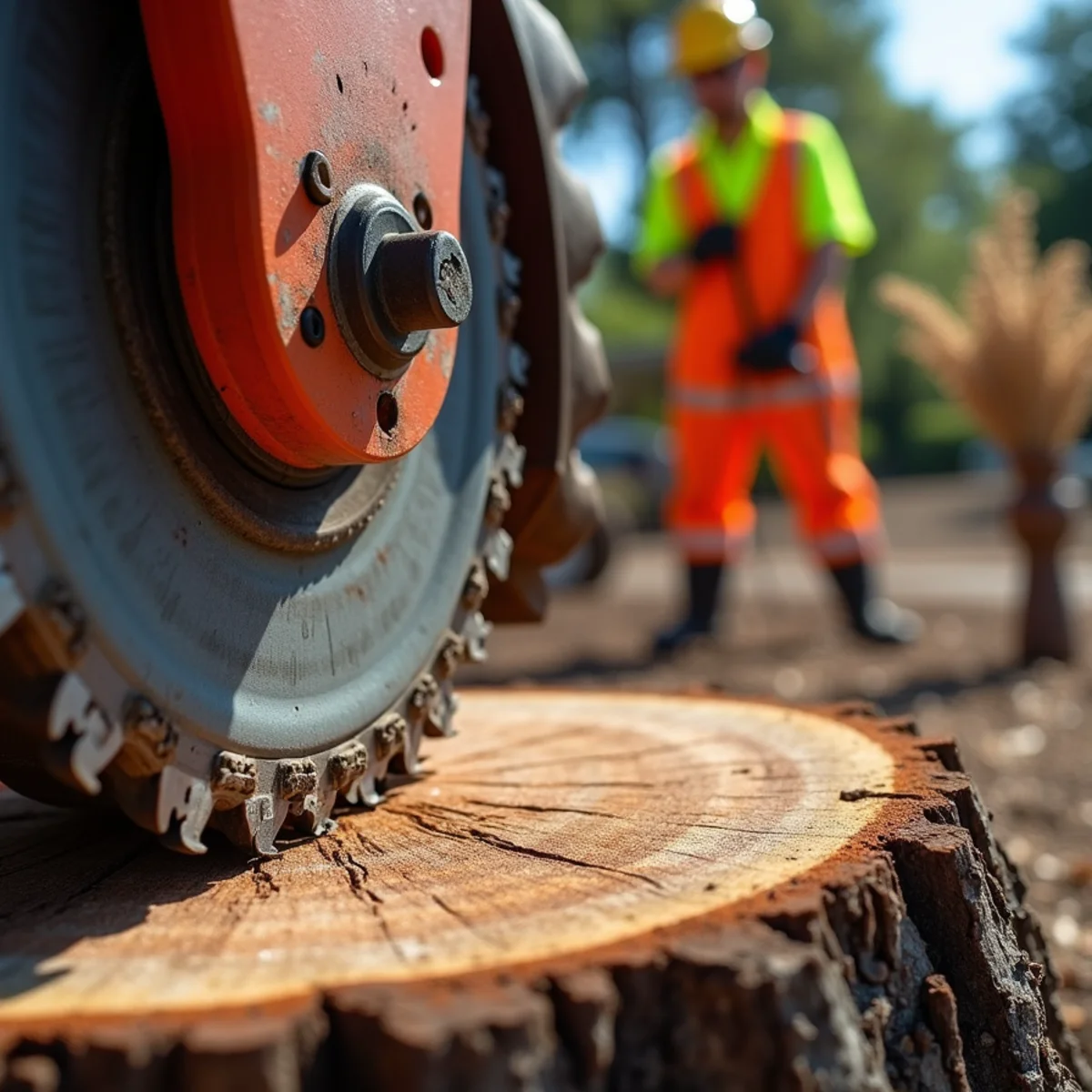 High-power stump grinder grinding root ball below turf grade