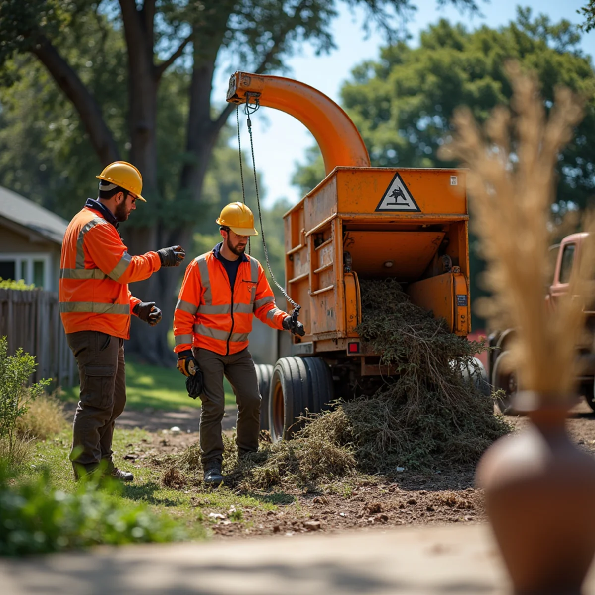 Commercial brush chipper processing storm debris into mulch