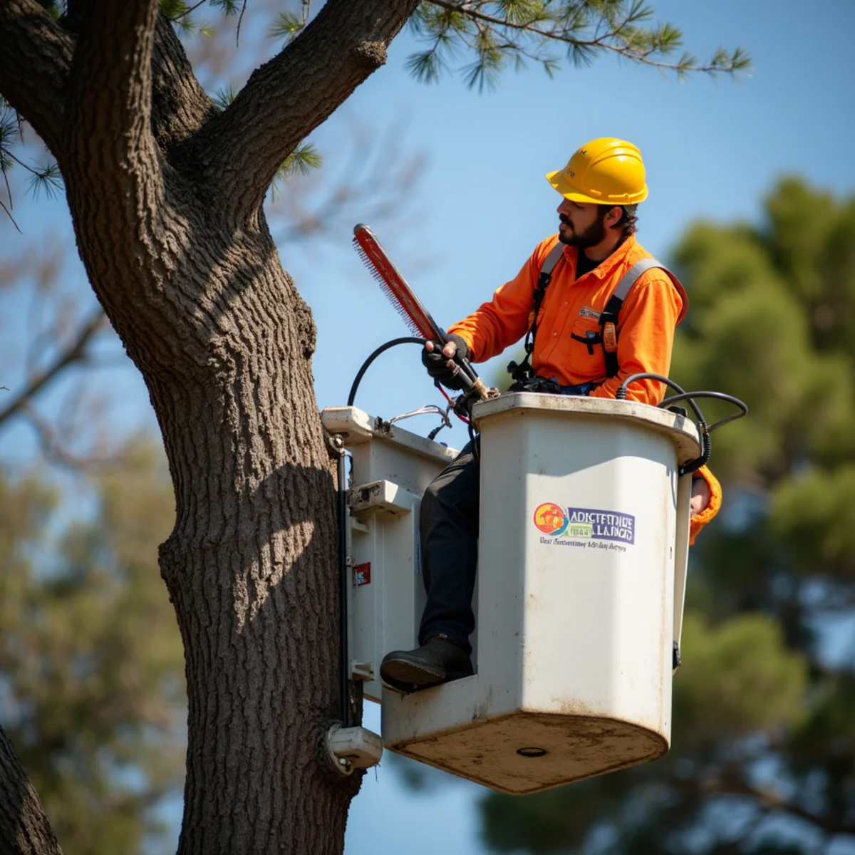 Fiberglass insulated pole saw cutting branches near power lines