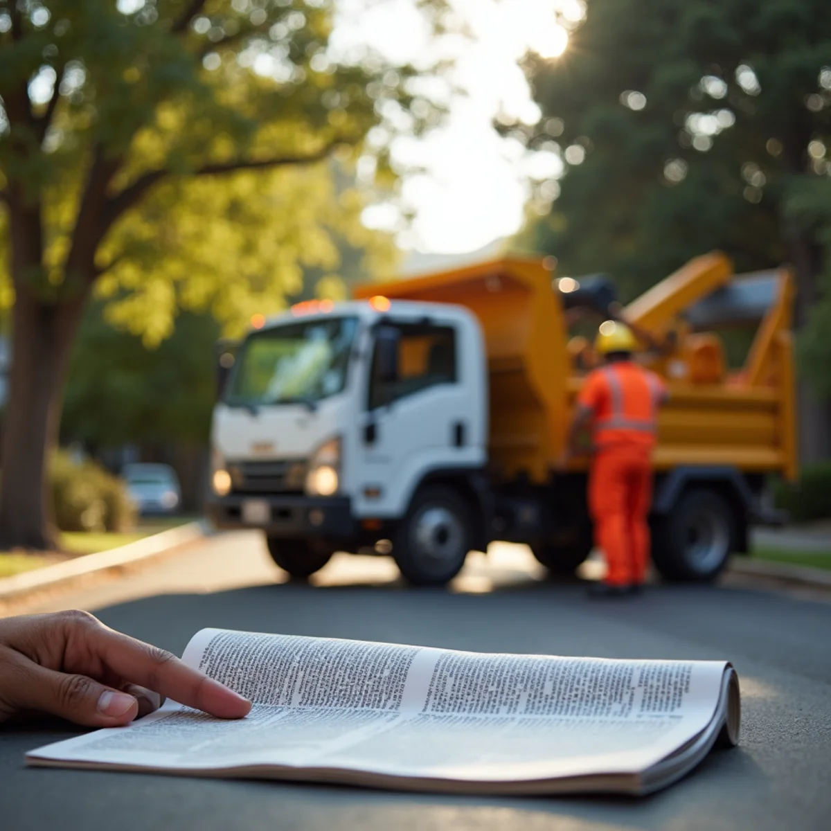Modern utility chipper and collection vehicle staged safely